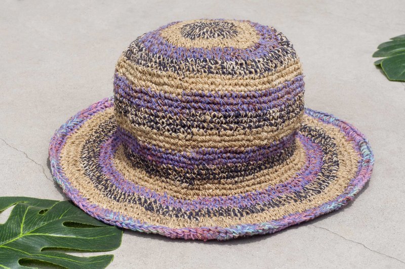 手工编织棉麻帽 编织帽 渔夫帽 遮阳帽 草帽-法式紫罗兰花园条纹 - 帽子 - 棉．麻 紫色