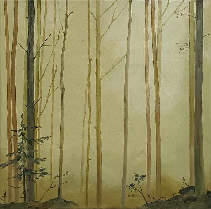 烟雾森林油画（画布、松树风景画）– 由 Nadya Ya 创作 - 海报/装饰画/版画 - 其他材质 绿色
