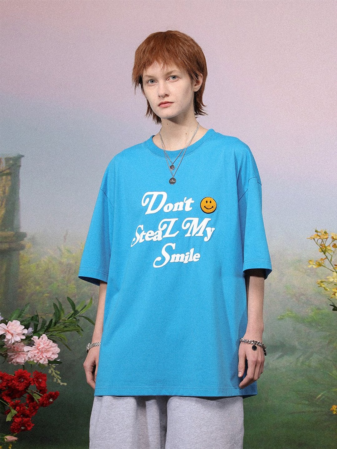 UNVESNO不要偷走我的笑脸字母印花蓝色毛巾绣短袖T恤圆领SWS-1547 - 男装上衣/T 恤 - 棉 蓝色