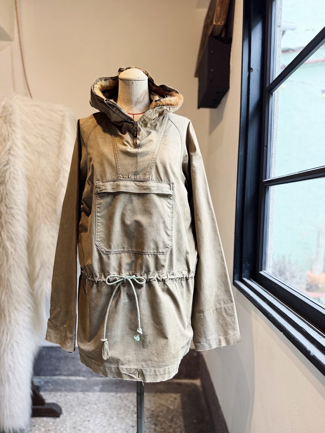 50s Black's british anorak smock英国防风抽绳立领带毛连帽上衣 - 中性连帽卫衣/T 恤 - 棉 卡其色
