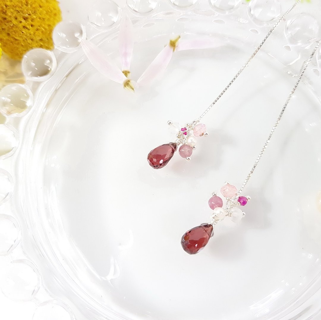 优雅小妞系列-红莓石榴石纯银耳链 Garnet  1月诞生石 - 耳环/耳夹 - 宝石 红色