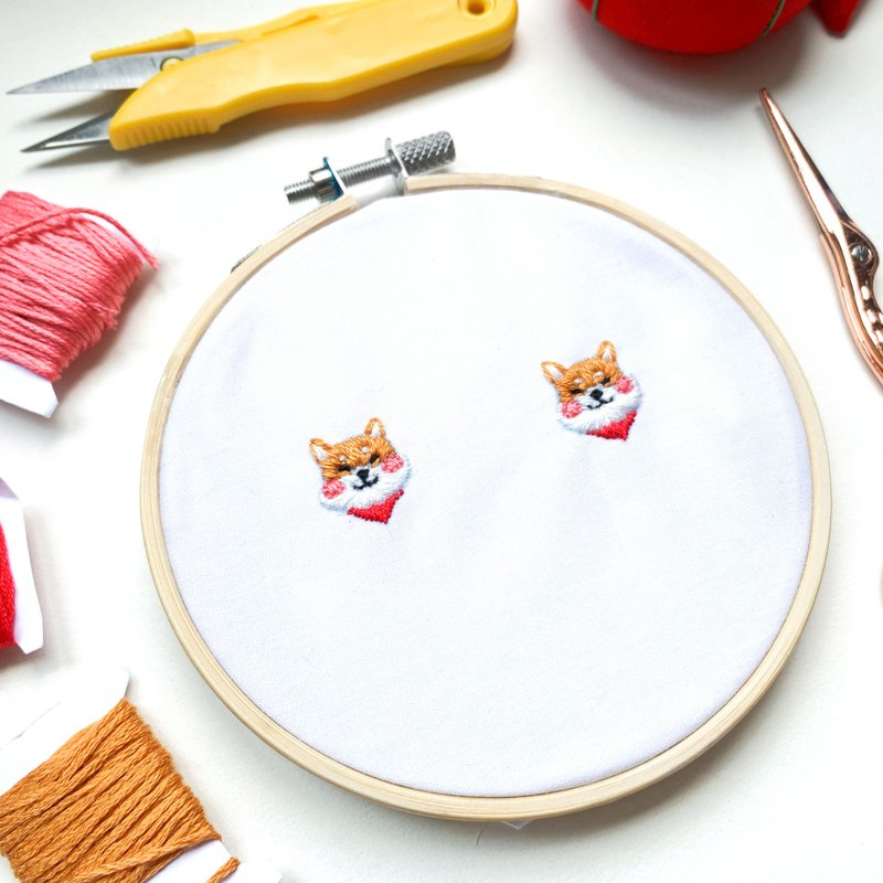 柴犬刺绣耳环 - 耳环/耳夹 - 绣线 橘色