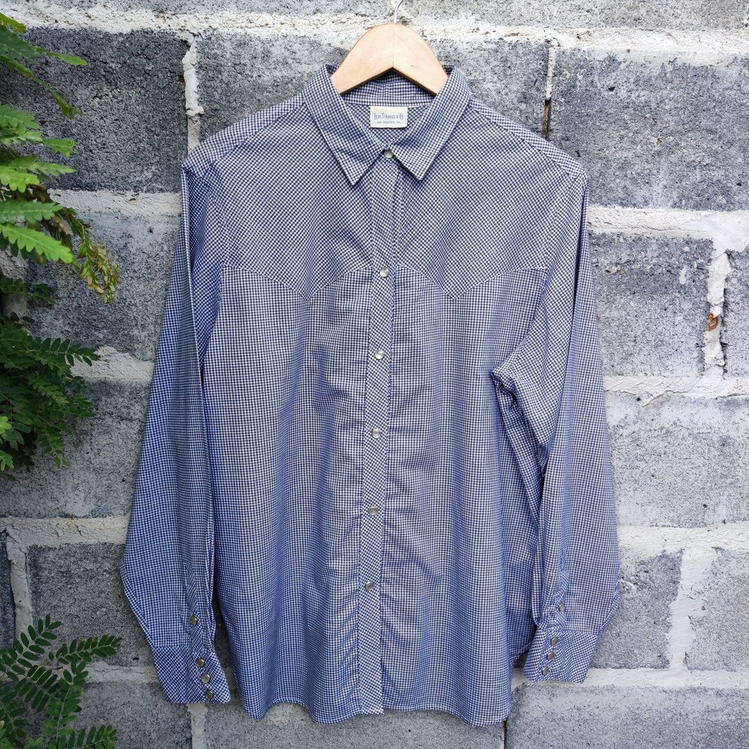Vintage 80s Levis Western Wear Pearl Snap Plaid Shirt - 男装衬衫 - 棉．麻 蓝色
