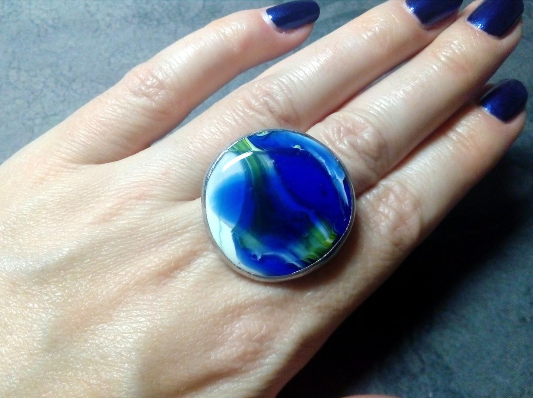 Blue Glass ring. fused cosmic universe ring. ocean wave ring. tin soldered ring. - 戒指 - 玻璃 蓝色