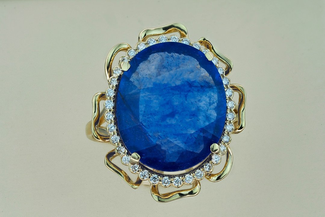 Massive flower ring with sapphire and diamonds - 戒指 - 贵金属 金色