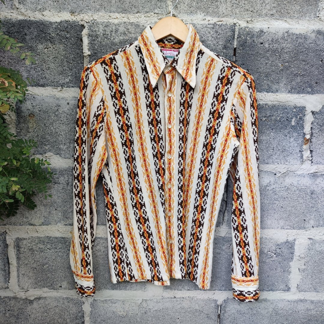 Vintage 70s Puccini De Roma Geometric Knit Long Sleeve Polyester Blend Shirt - 男装衬衫 - 棉．麻 咖啡色
