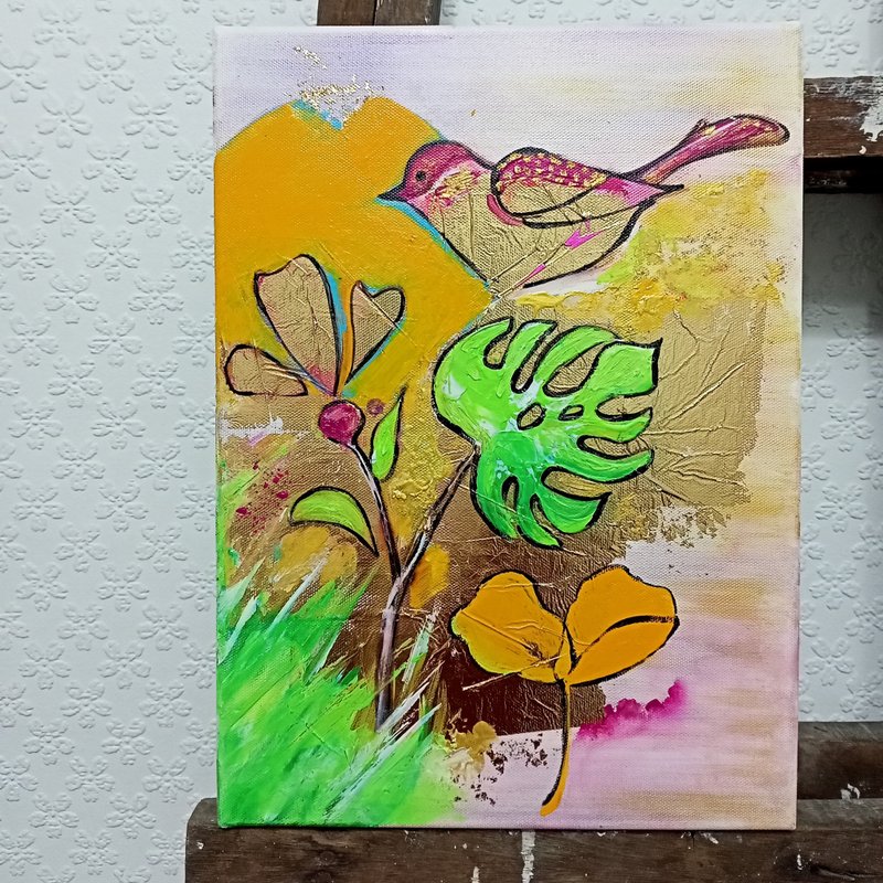 帆布挂画微金箔鸟与花草100%原创手绘自然景观画 - 墙贴/壁贴 - 棉．麻 粉红色