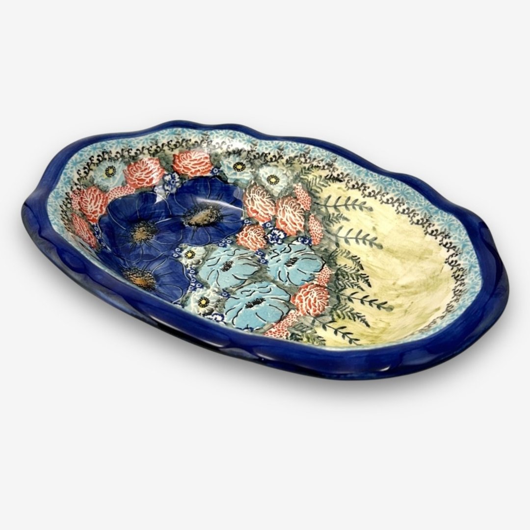 波兰手绘手工陶-造型椭深盘 26cm 野花之歌系列 - 碗 - 陶 蓝色
