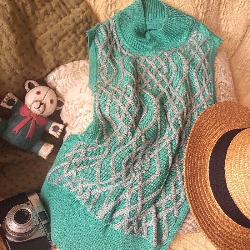 可水洗防起球羊毛双色扭花图案个性时尚剪裁企领春夏背心 - 女装针织衫/毛衣 - 羊毛 绿色