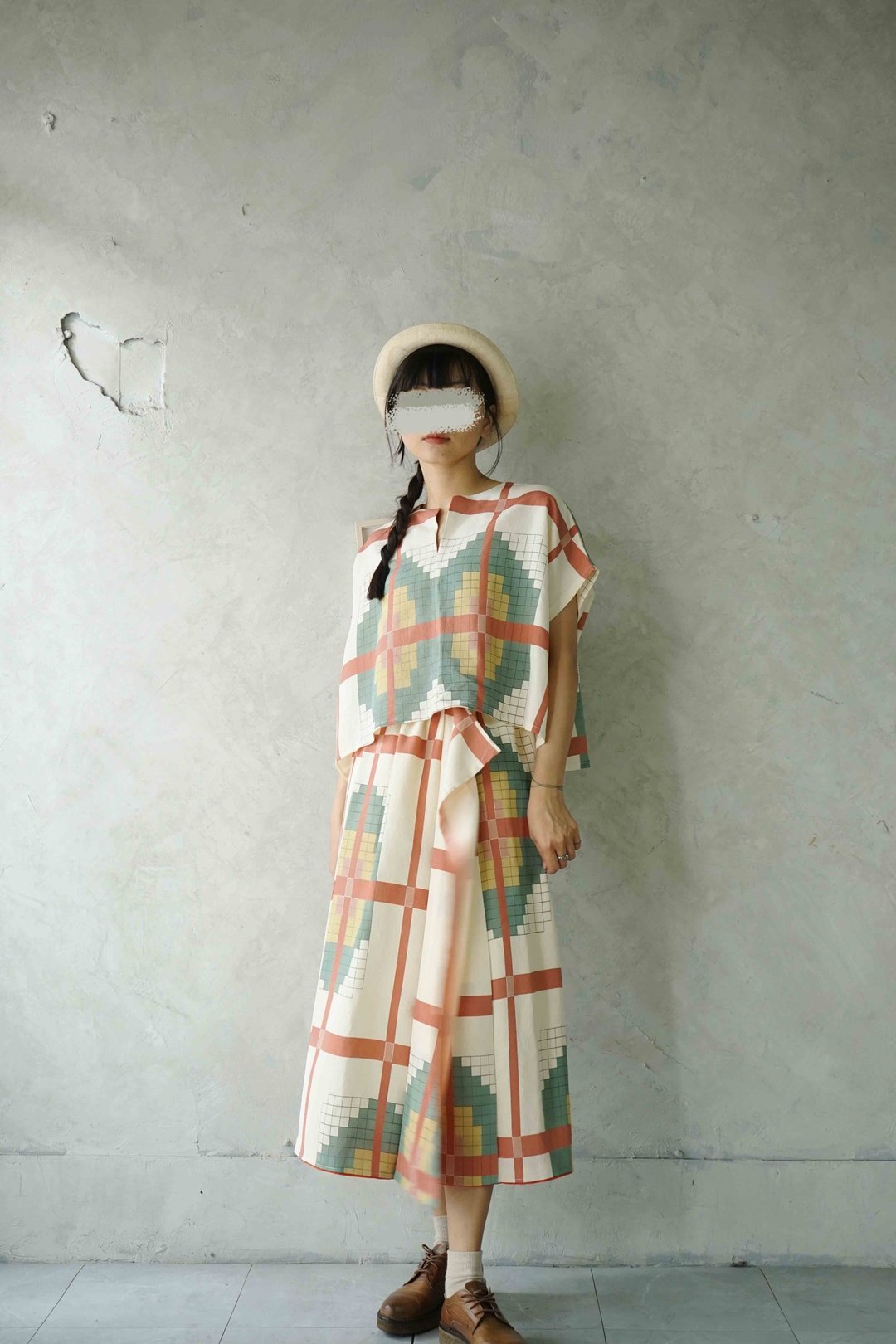 寻宝古着 - 方格色块白色印花绢料和服改制长裙 - 裙子 - 丝．绢 白色