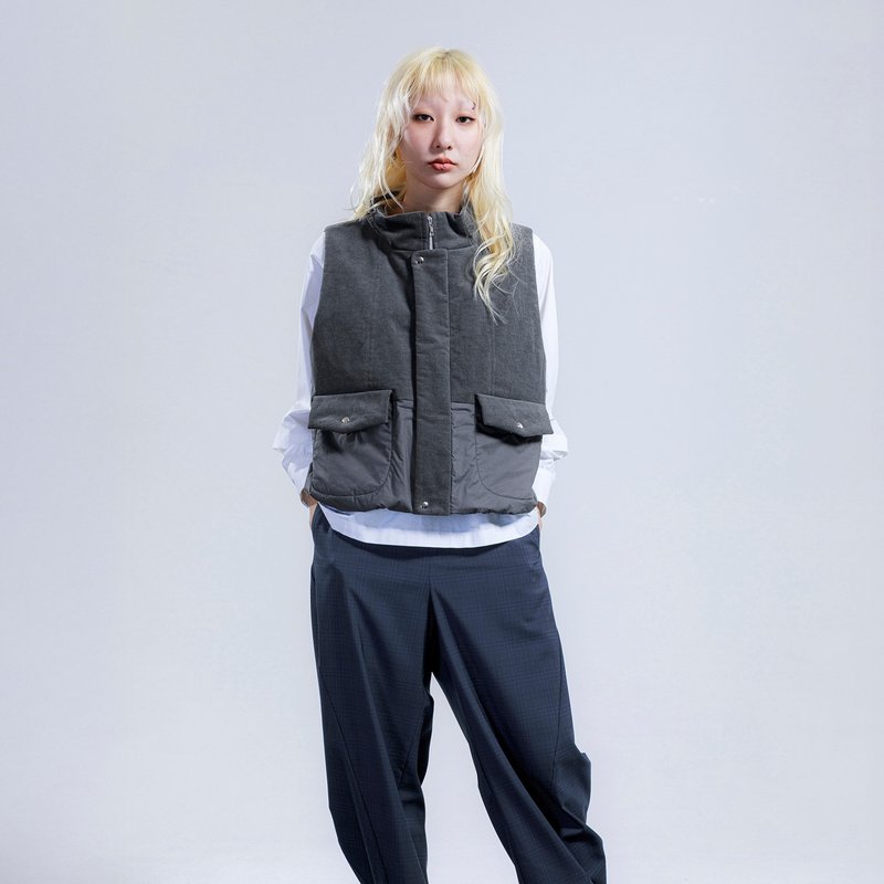 双材质立领铺棉背心 - 女装背心 - 其他材质 灰色