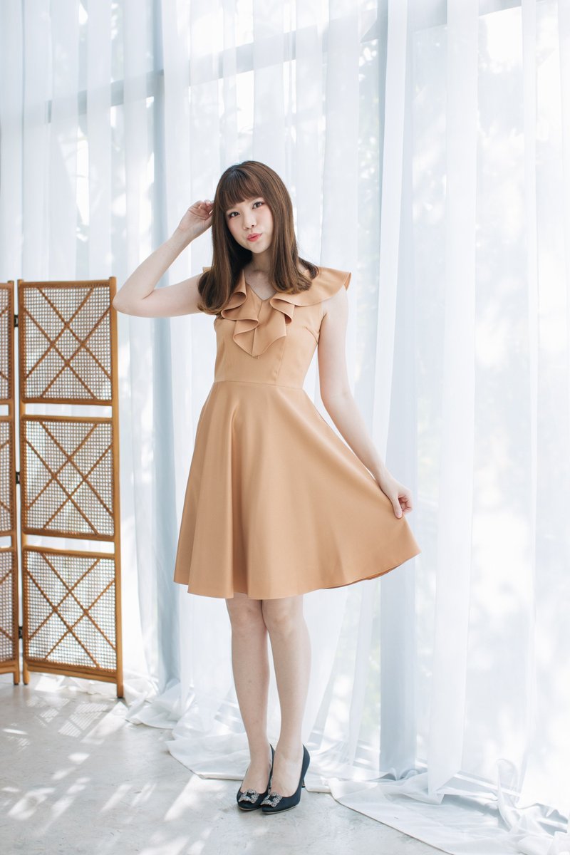 Gold Party Dress Gold Bridesmaid Dresses Brown Prom Dress Ruffle V Neck -Blake - 洋装/连衣裙 - 聚酯纤维 金色