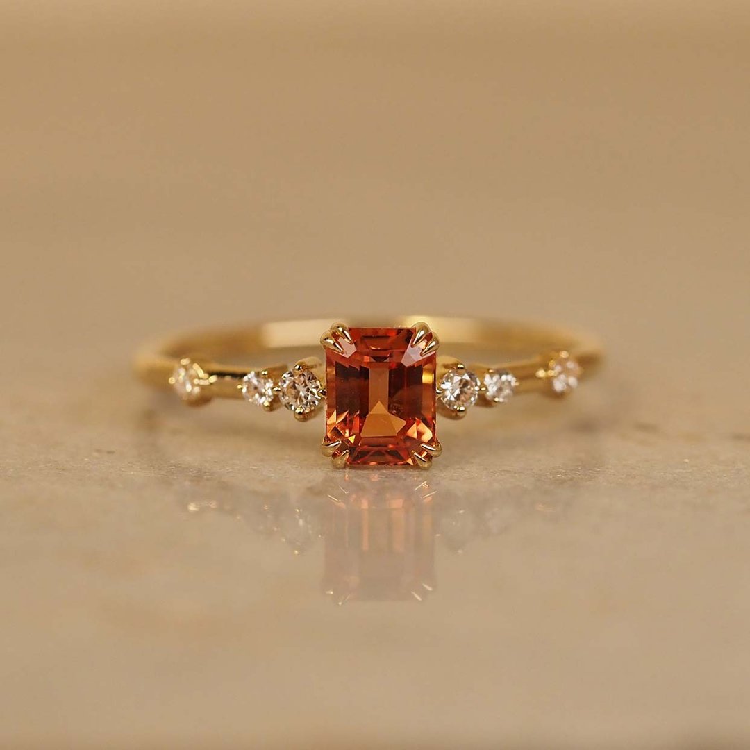 Orange Sapphire Emerald Ring | 橙色蓝宝石戒指 | 18K 黄金 - 戒指 - 贵金属 金色
