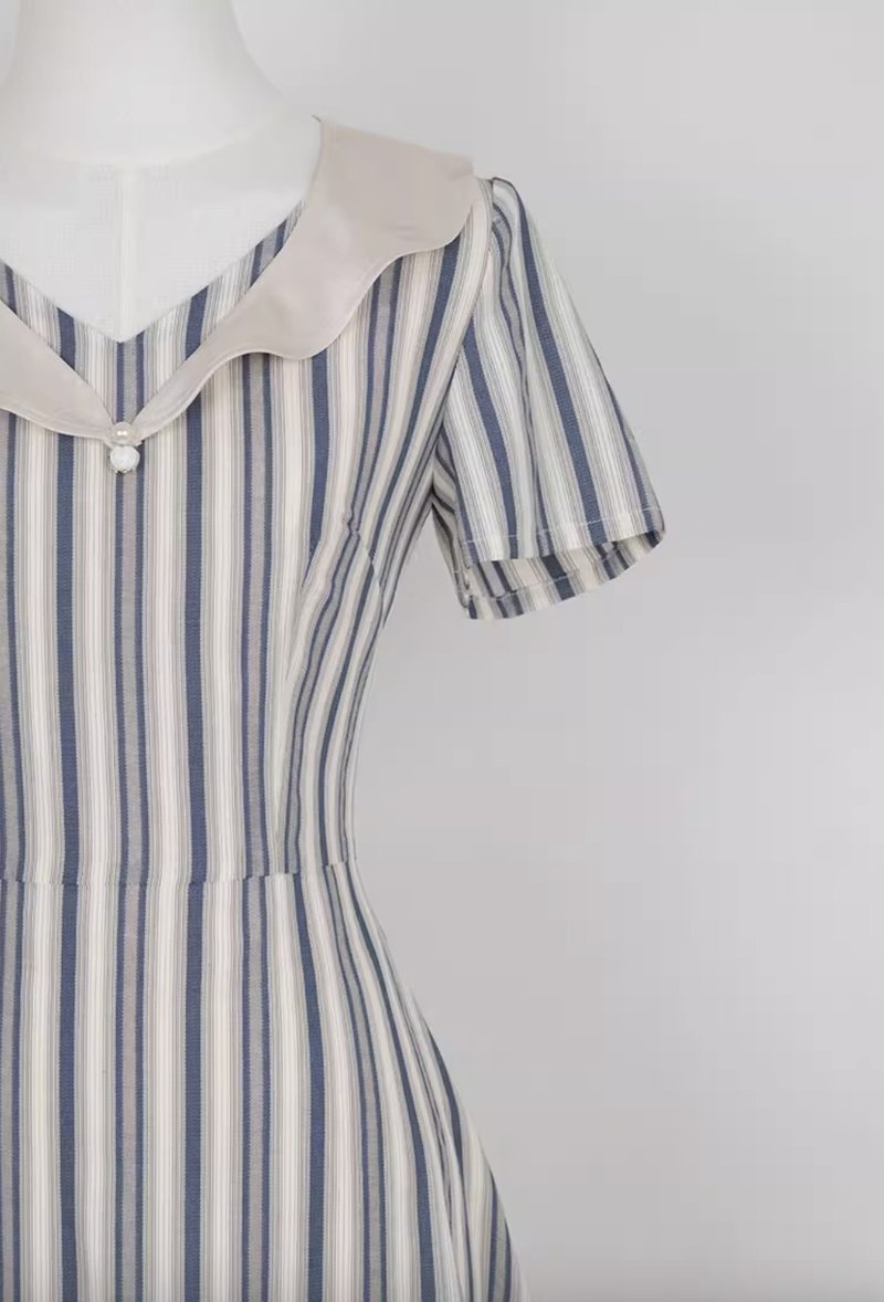 小女孩 竖条纹短袖大摆连身裙 手工製 - 洋装/连衣裙 - 其他材质 