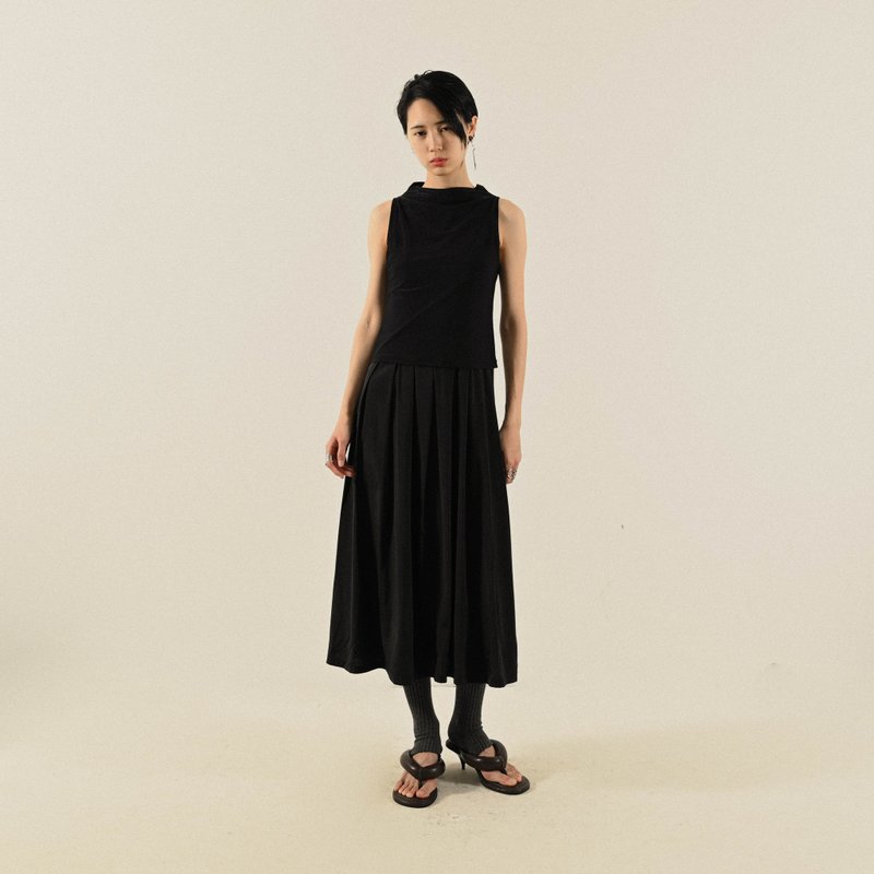 【NaSuBi Vintage】俐落轮廓假两件式古着洋装 - 洋装/连衣裙 - 其他人造纤维 黑色