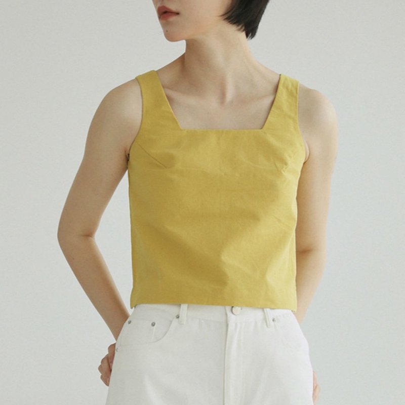 柠檬黄 爱露锁骨的方领控 复古一字方领无袖上衣方背心肌理亚麻棉 - 女装背心 - 棉．麻 黄色
