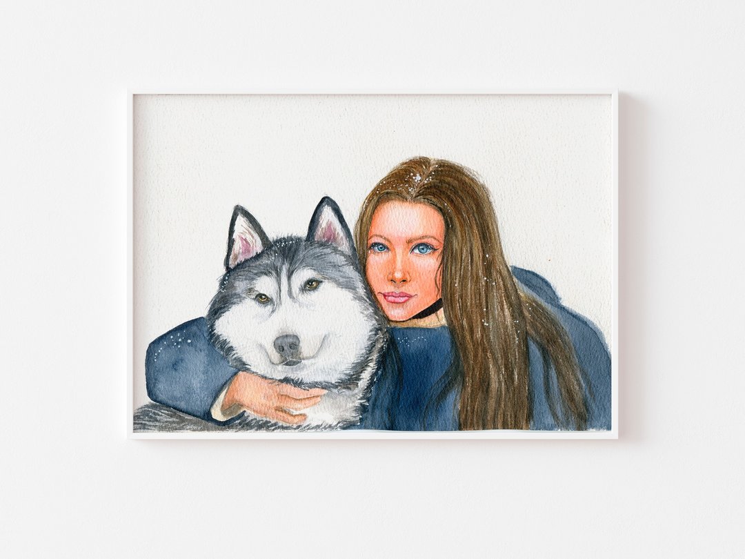 Customized watercolor portrait of pet and owner, custom illustration, 生日礼物, 宠物画像 - 订制画像 - 纸 蓝色