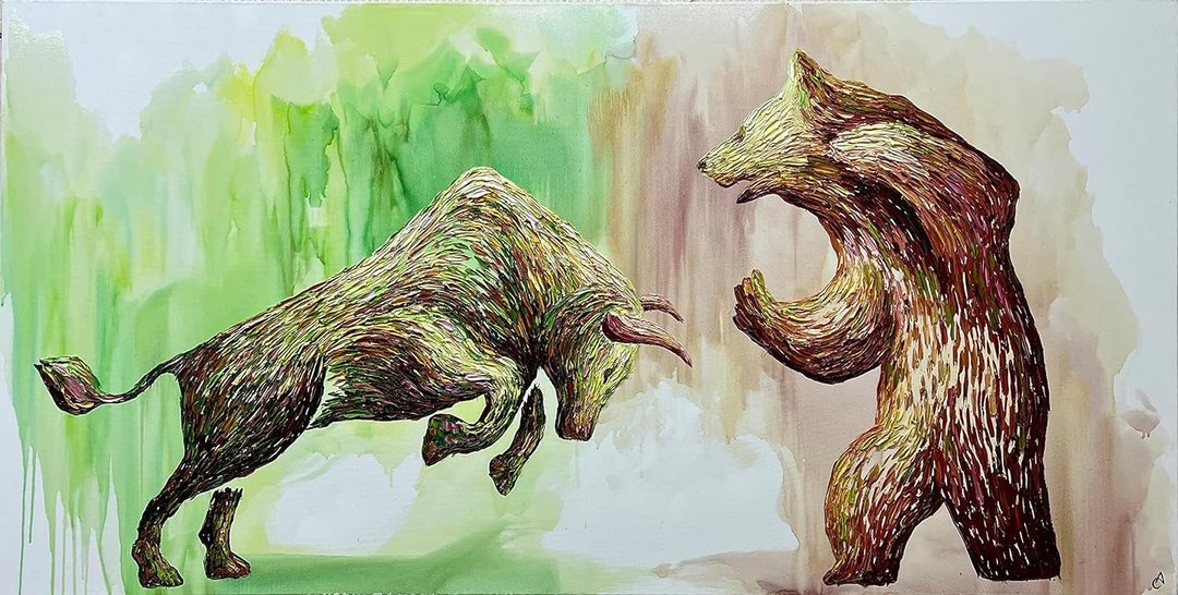画布上抽象熊与牛绘画多彩动物原创厚涂艺术 - 墙贴/壁贴 - 压克力 多色