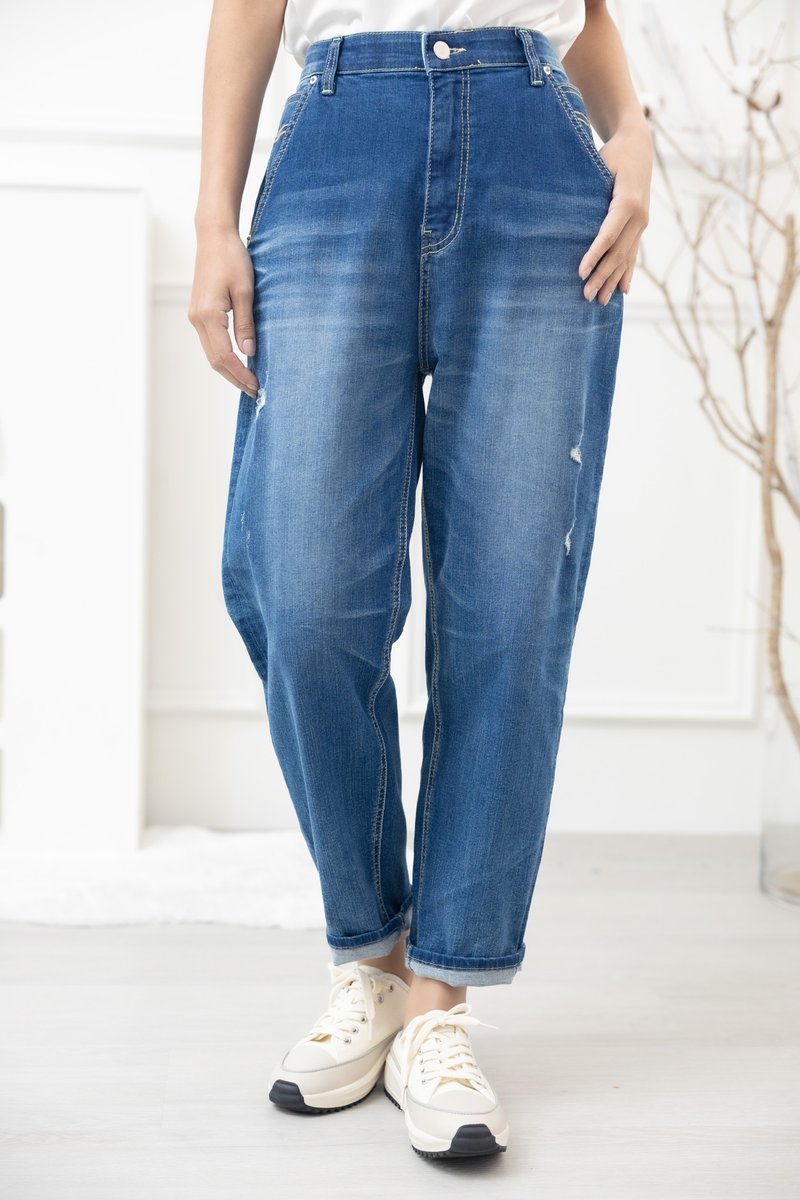 钉扣微刷破管牛仔裤 蓝色 - 女装长裤 - 其他材质 蓝色