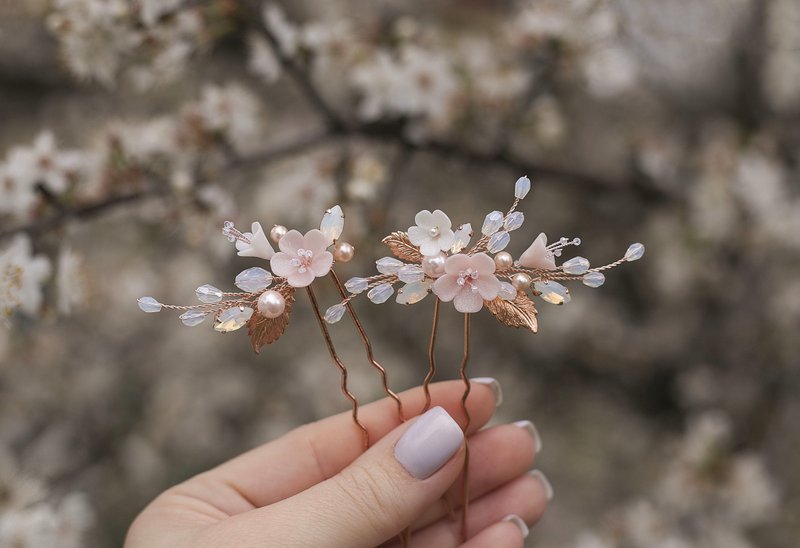 White opal pink hair pin set, Bridal flower rose gold, Bride floral wedding - 发饰 - 粘土 
