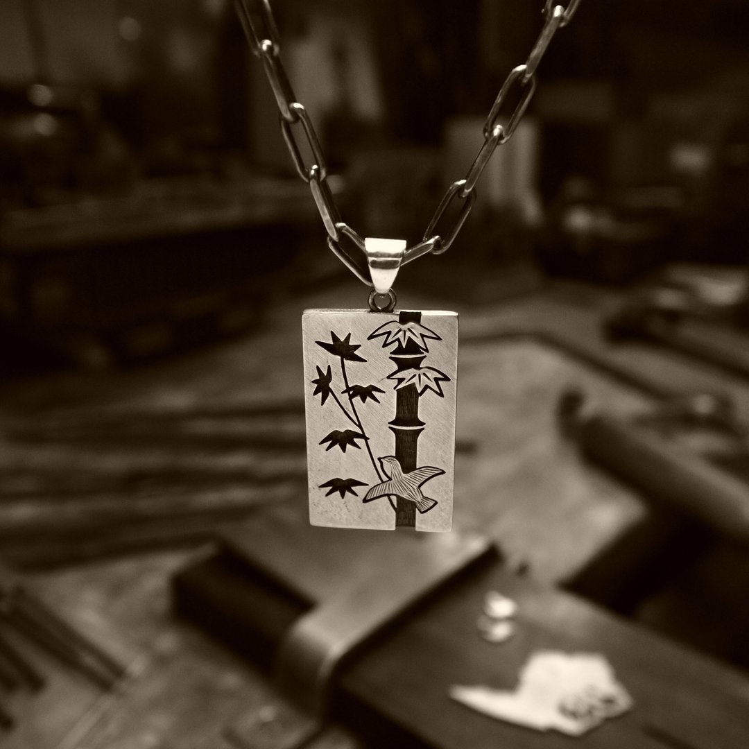 [Bamboo and sparrow] Pendant necklace Popular recommended for both men and women Japanese pattern overlay Silver Magazine publication product - 项链 - 纯银 银色