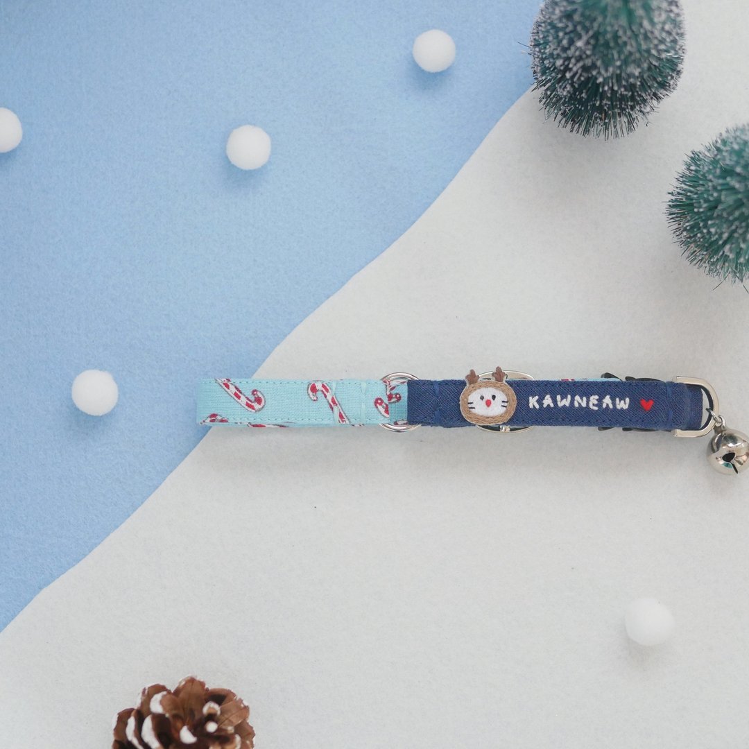 Tone series x Catsmas Gang Breakaway Cat collar | Blue Candy Cane - 项圈/牵绳 - 棉．麻 