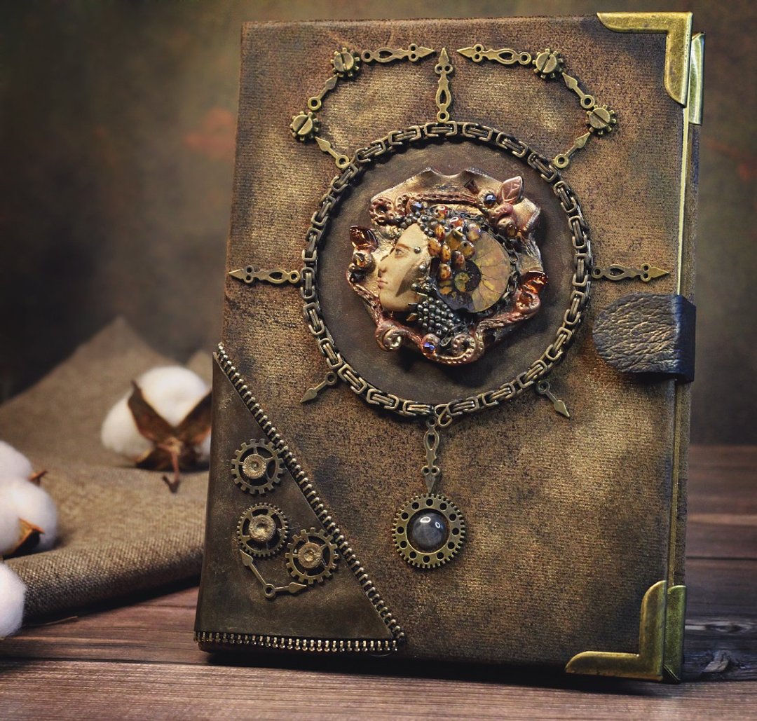 Steampunk 风格手帐笔记本－独一无二，复古 A5 手帐，缀以石珠 - 笔记本/手帐 - 其他材质 咖啡色