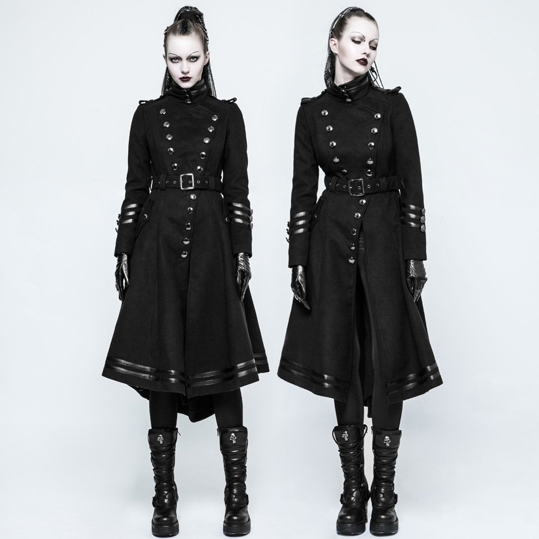 哥德幽冥士兵军装毛长外套 - 女 / 附腰带 / 情侣款 - 女装休闲/机能外套 - 其他材质 黑色