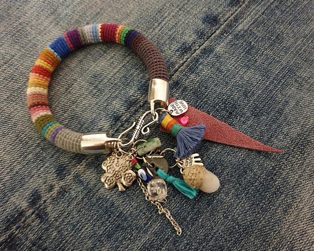 Colorful Crochet Tube Bangle Evil Eye Talisman Bracelet - 手链/手环 - 棉 多色