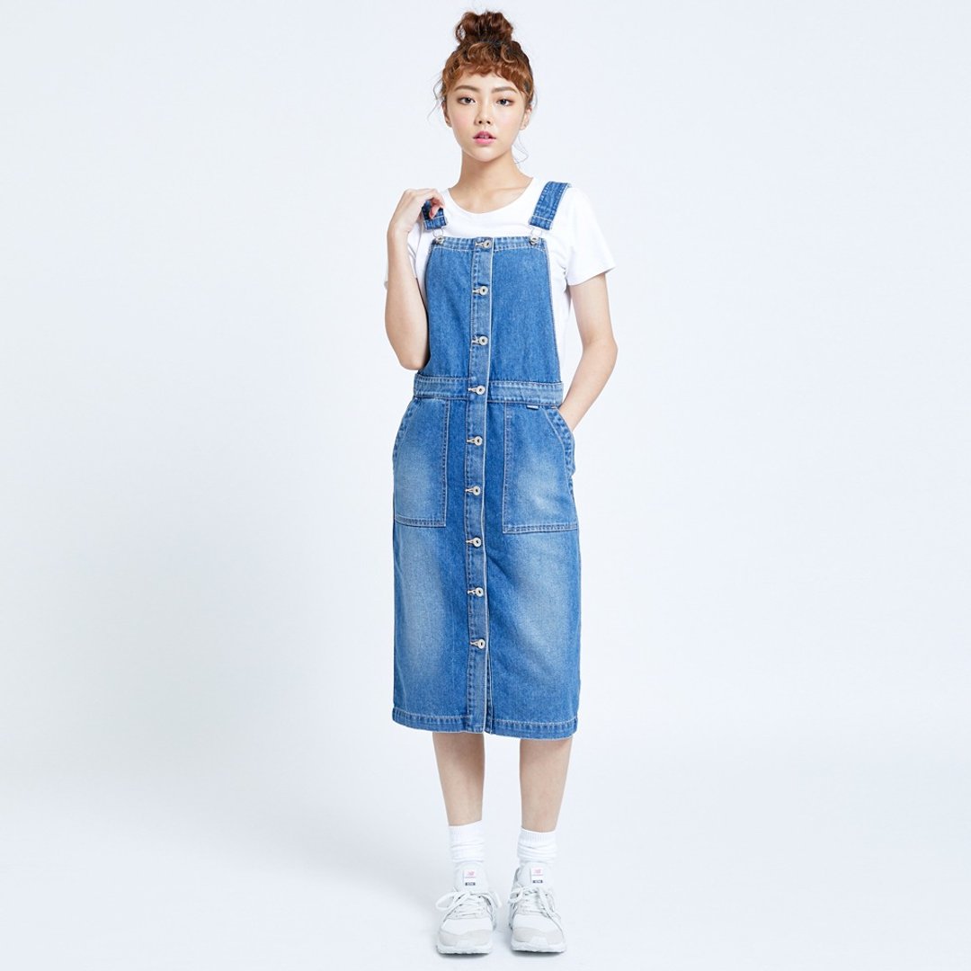 SOMETHING 斜袋开襟吊带牛仔长裙(中古蓝) #牛仔裙 - 洋装/连衣裙 - 其他材质 蓝色