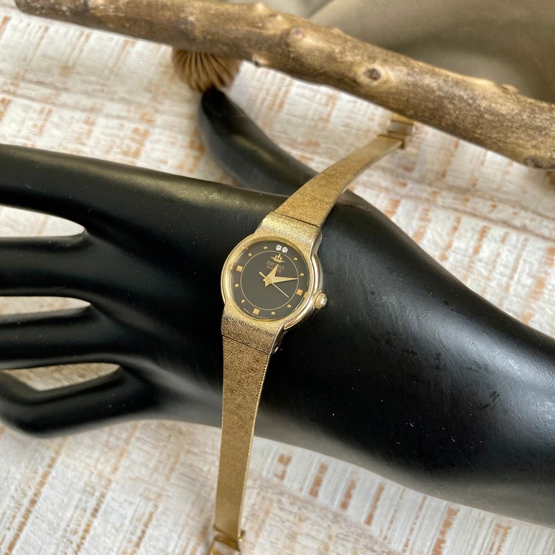 SEIKO 金色圆表壳 黑沙金线表盘 水钻时标 手工表带 古董表 - 女表 - 其他金属 金色