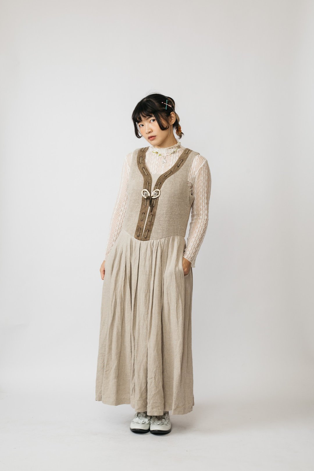 Tyrolean Dress 提洛尔洋装 古着【初恋贩卖所】Vintage.B674 - 洋装/连衣裙 - 棉 卡其色