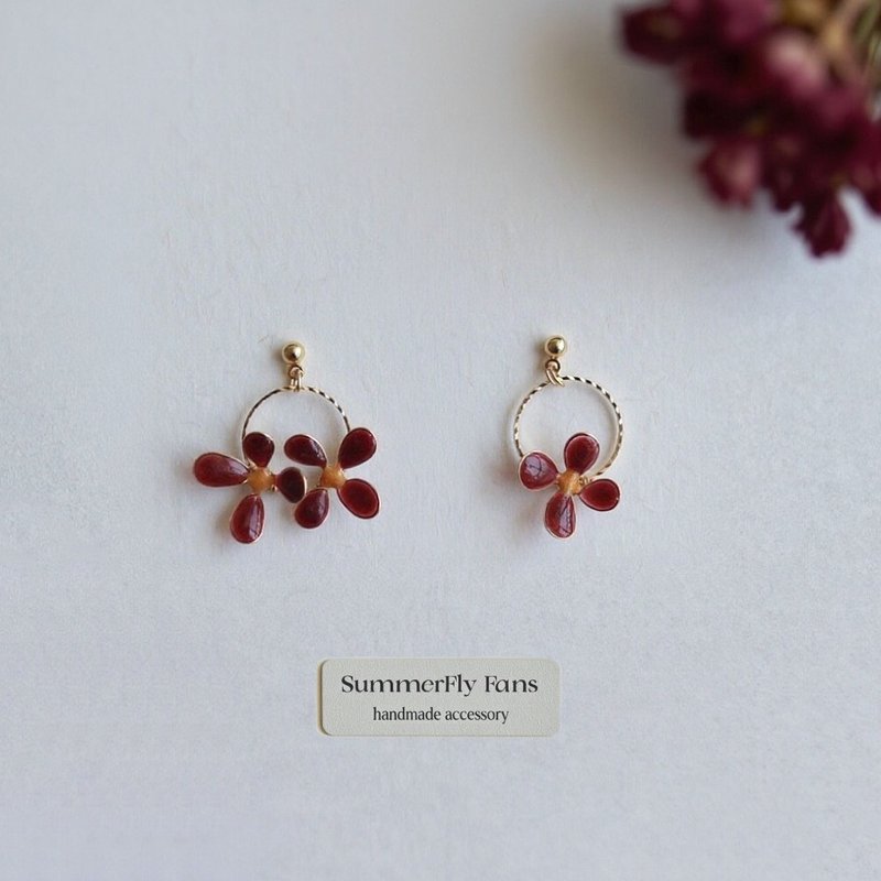 高级复古红色 轻奢手工滴釉秀气小花耳环 日常百搭上班族 - 耳环/耳夹 - 贵金属 红色
