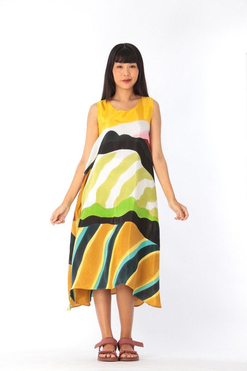 Dress Hand Paint Soft Cotton Silk for Yoga Vacation Holidays - 洋装/连衣裙 - 棉 黄色