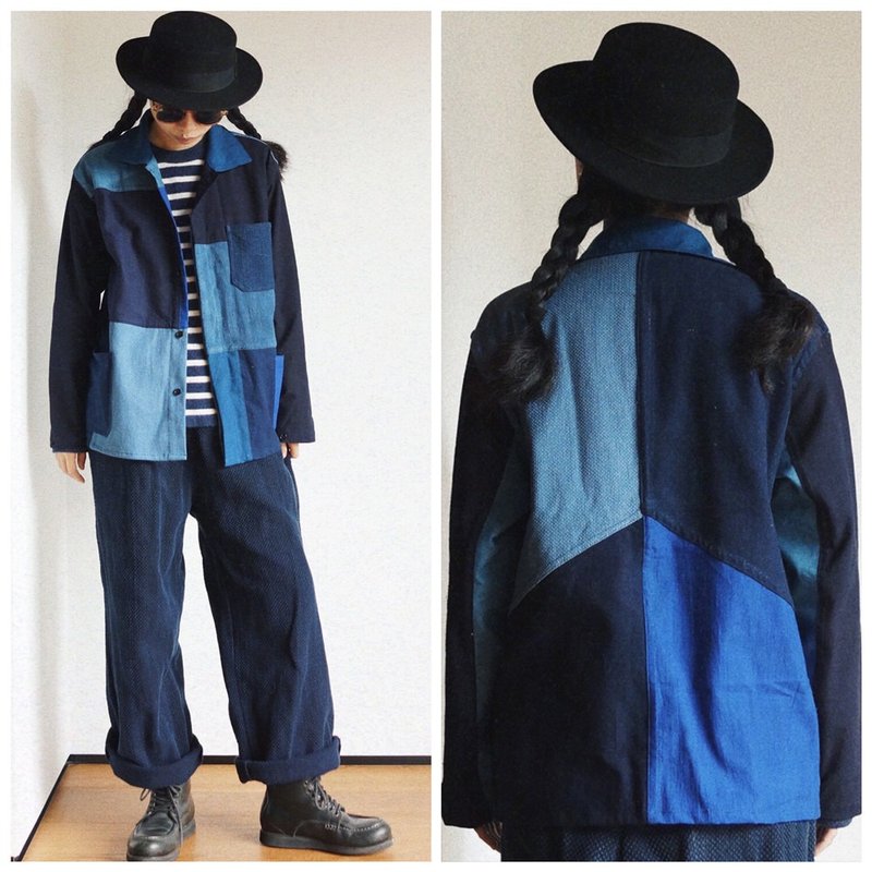 藍色拼布 FRENCH JACKET 植物藍靛染手織布 法國工裝外套 - 女装休闲/机能外套 - 棉．麻 蓝色