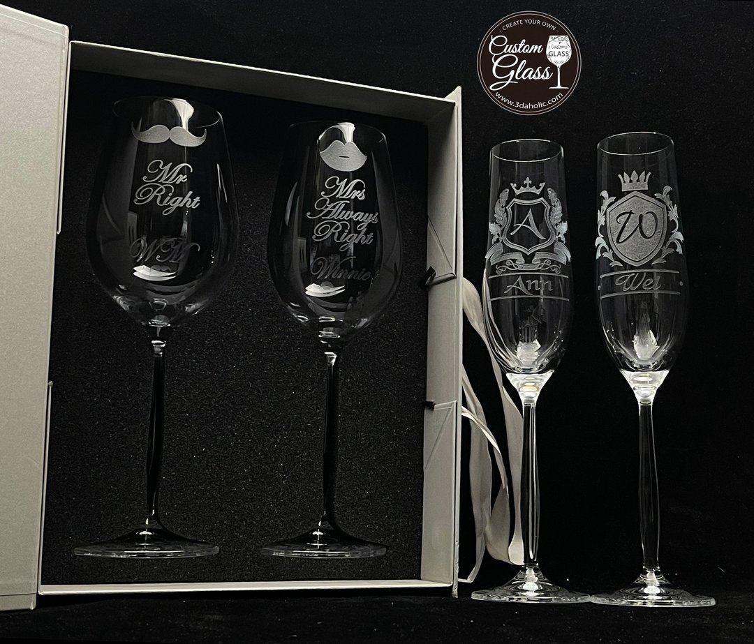 定制化水晶杯杯身雕刻一对Deluxe Pack–结婚,退休,生日,升职礼物 - 酒杯/酒器 - 玻璃 透明