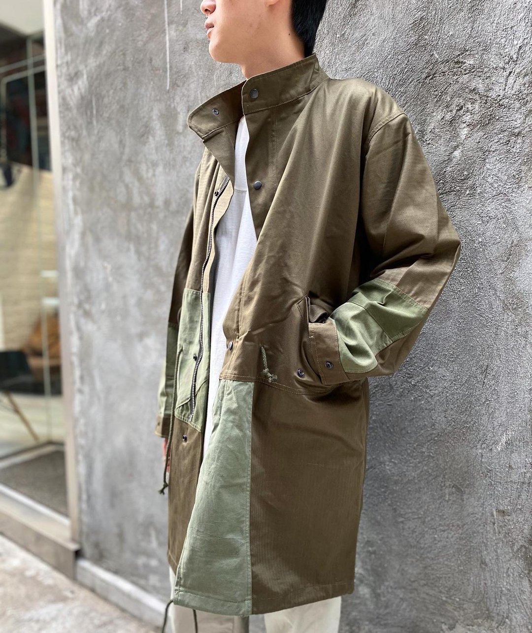 军绿色拼色oversize parka - 男装外套 - 棉 绿色