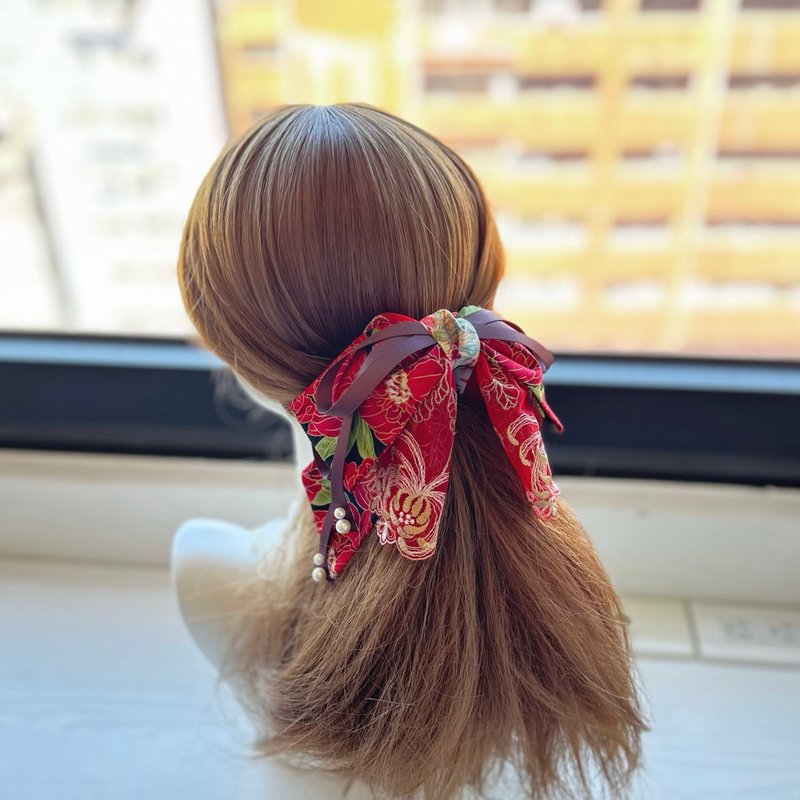 棉布蝴蝶结蕾丝鲨鱼夹抓夹相交夹发夹发饰头饰-亮红黑色 - 发饰 - 其他材质 红色