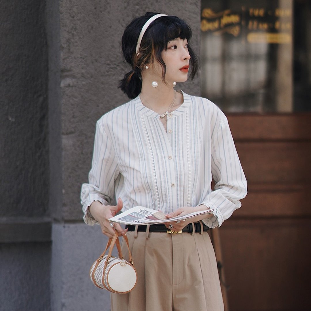 蓝白条纹七分袖衬衫|衬衫|夏春款|日本面料|Sora-928 - 女装衬衫 - 其他人造纤维 白色