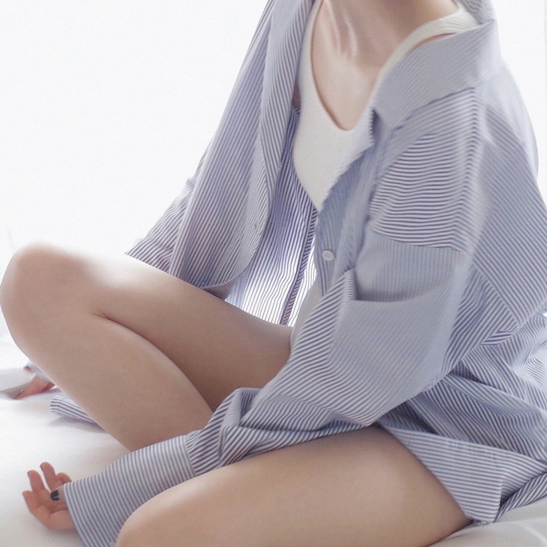 直条纹 水蓝棉衫 - 女装衬衫 - 棉 蓝色