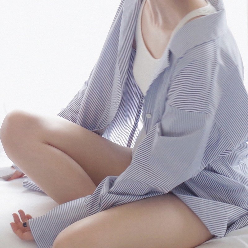 直条纹 水蓝棉衫 - 女装衬衫 - 棉．麻 蓝色