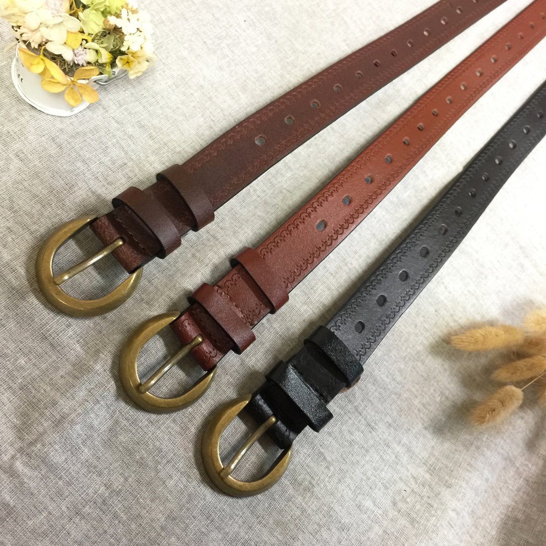 手工压纹系列 复古铜色圆头 真皮皮带 腰带 - 3 cm宽 - 皮带/腰带 - 真皮 