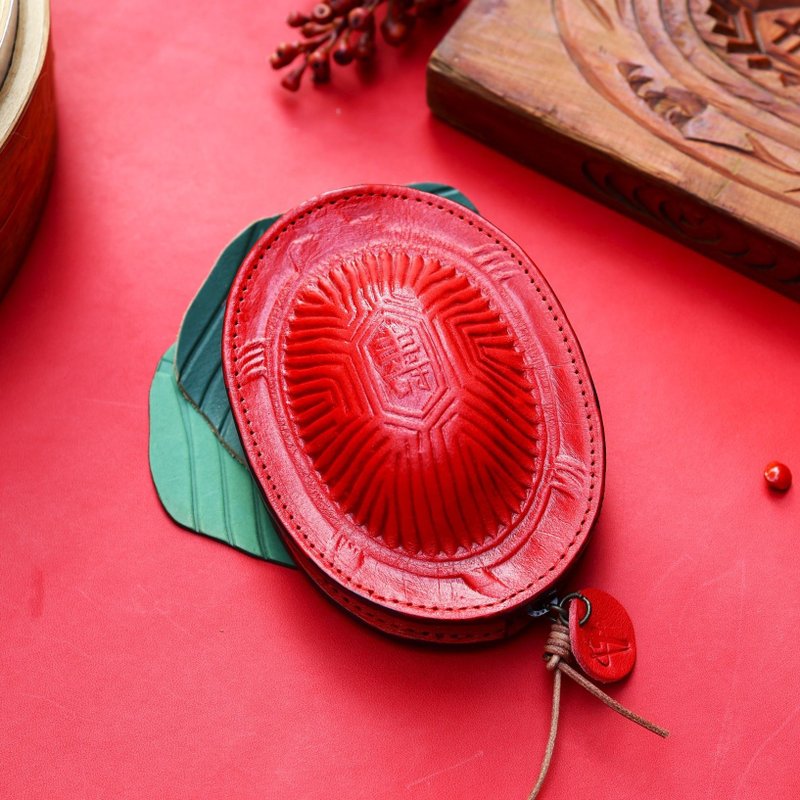 【定制化刻字】长寿吉祥 红龟粿造型零钱包/收纳包 生日礼 圣诞节 - 零钱包 - 真皮 红色