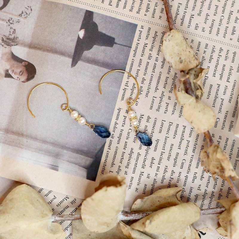 气质C勾水晶耳环-丹宁蓝 - 耳环/耳夹 - 水晶 金色