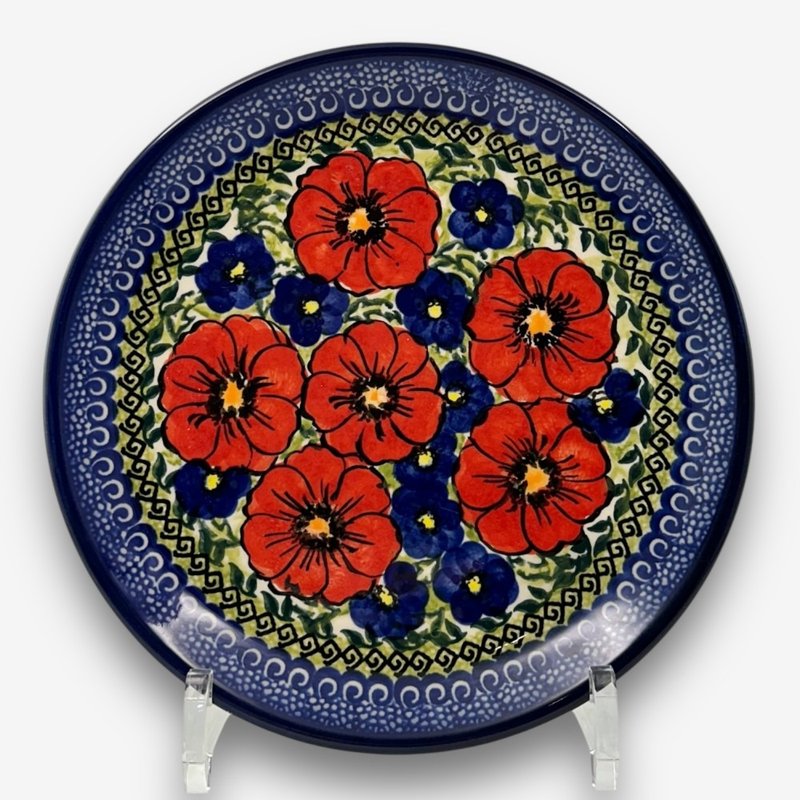 波兰手绘手工陶-圆盘 19cm 红蓝花径系列 - 盘子/餐盘/盘架 - 陶 红色