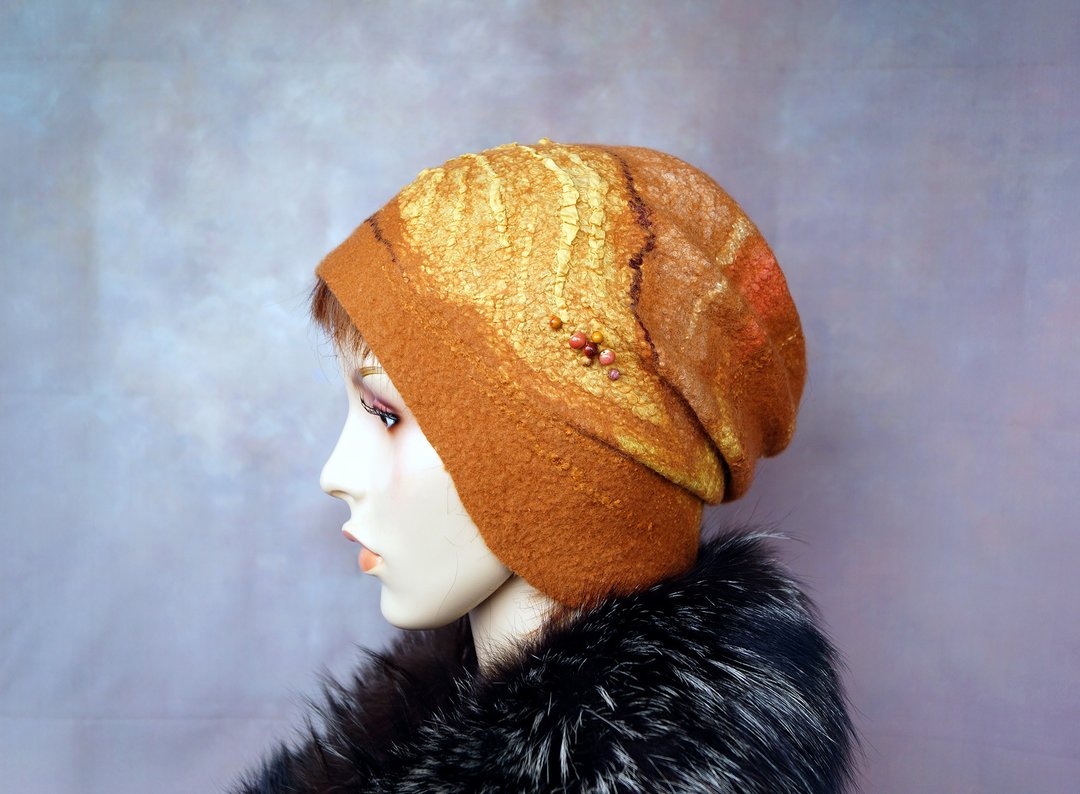felted hat,winter hat,beautiful hat,nuno felt,wet felting,warm hat, helmet, - 帽子 - 羊毛 橘色