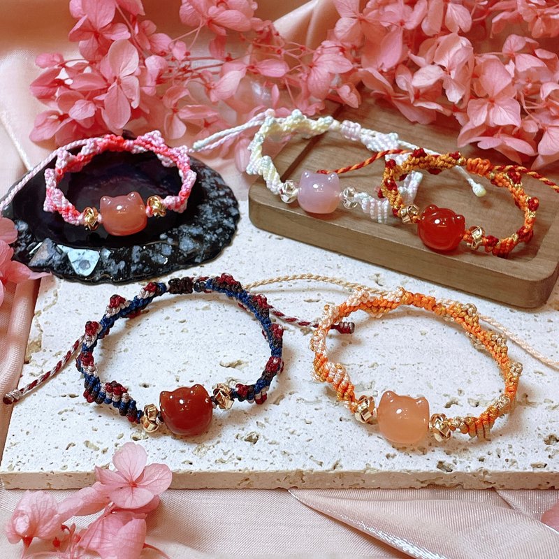 绯红色盐源玛瑙小猫猫头编绳手链 - 手链/手环 - 玉石 粉红色