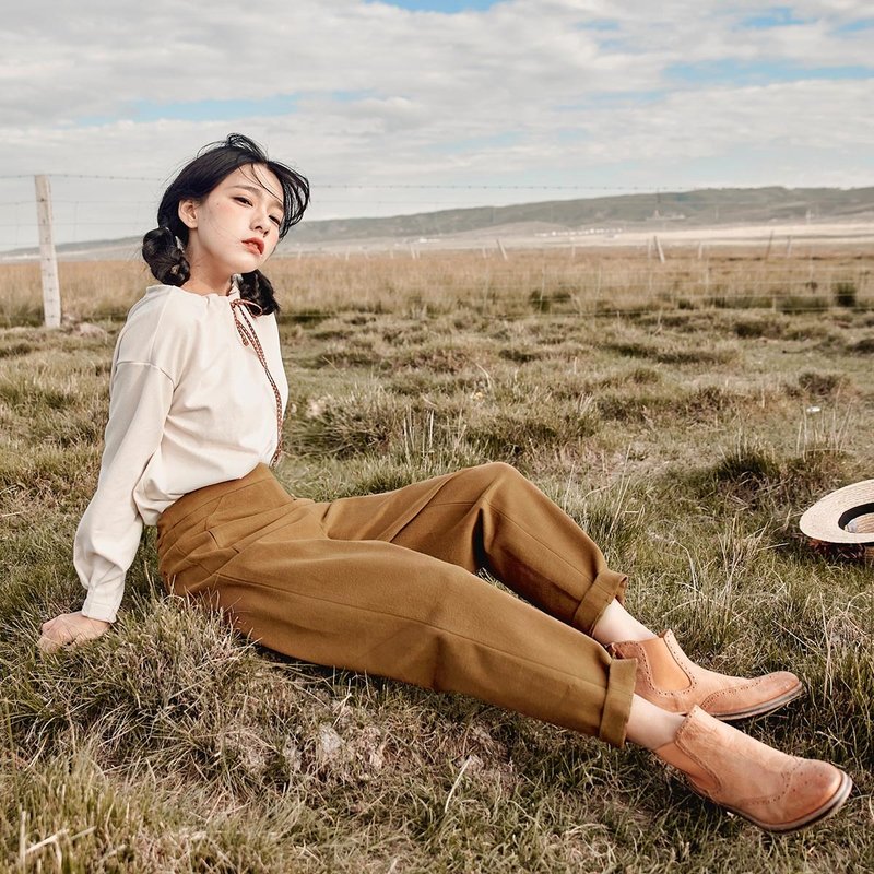 安妮陈2018春装新款女士裤子铅笔裤纯色磨毛小脚长裤 - 女装长裤 - 棉．麻 咖啡色