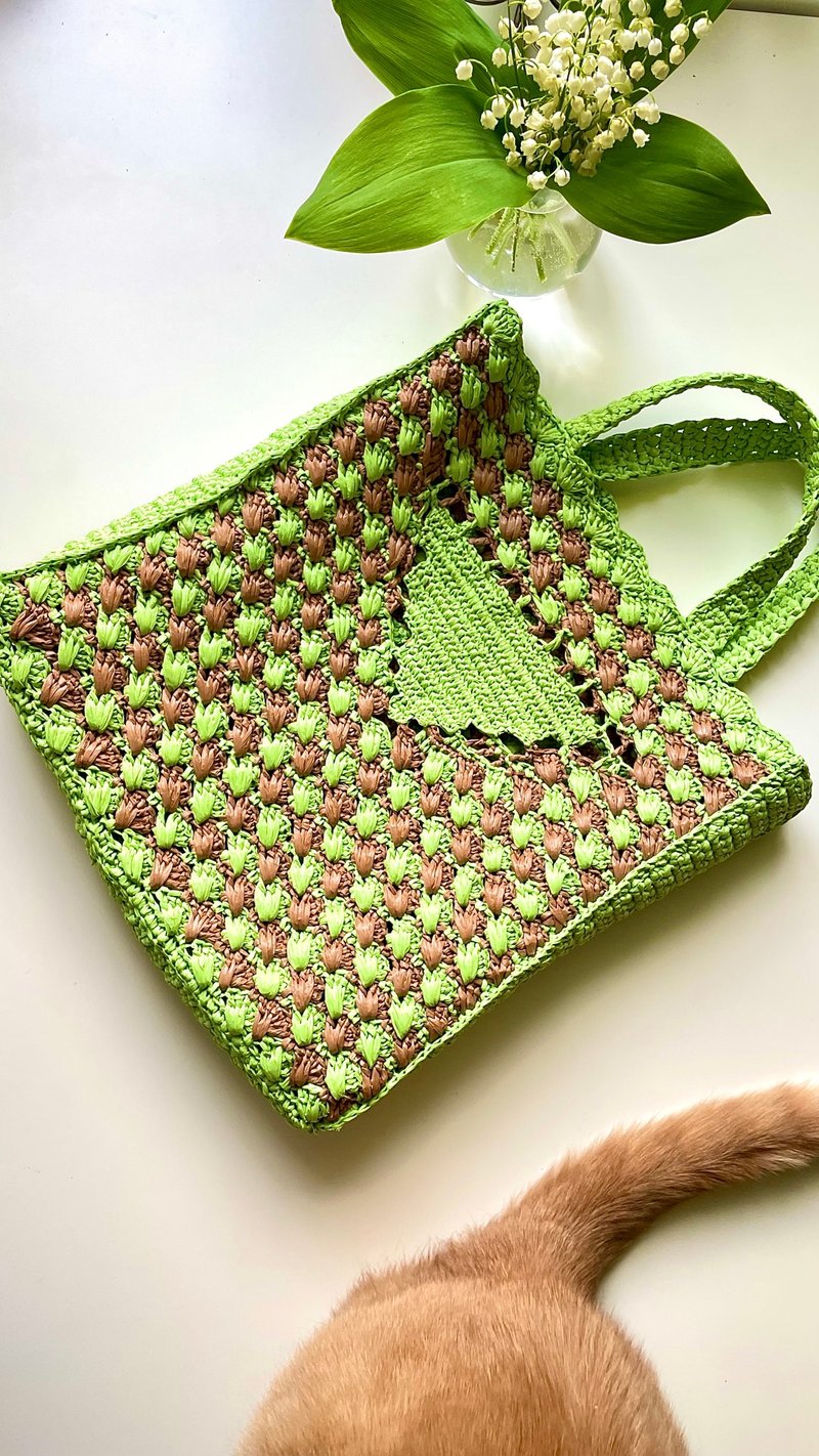 双色拉菲草钩织托特包 – 莱姆绿与木质调对比 – 灵感之作 - 手提包/手提袋 - 聚酯纤维 多色