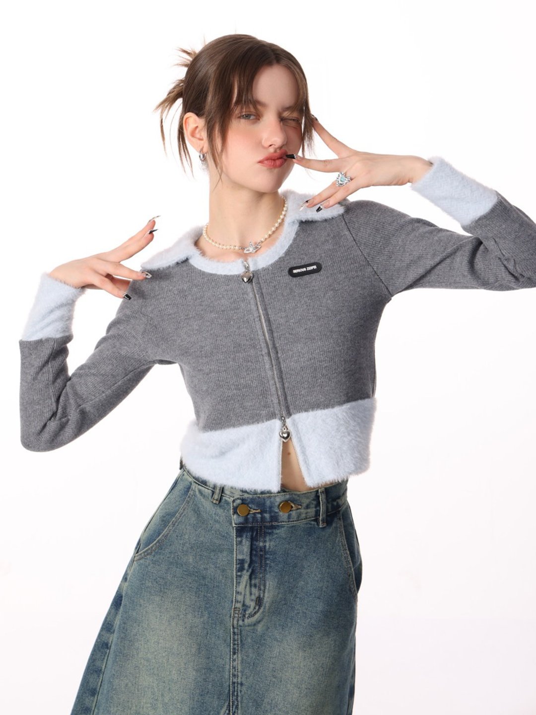 ziziFei秋冬设计感高级美式拉链开衫撞色拼接polo领针织上衣女 - 女装针织衫/毛衣 - 其他材质 卡其色